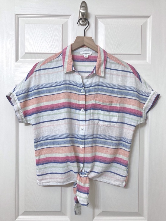 beachlunchlounge Tops - Beach Lunch Lounge White Striped Linen Blend Collared Shirt Small Preppy Resort